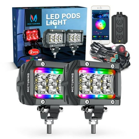 MICTUNING K1 RGBW LED Pods Light Atmosphere Light - 4 Inch 18W Off Road Combo Driving Lights with APP, Control Box, Wiring Harness for Pickup Truck ATV UTV SUV Boat (2 pcs)