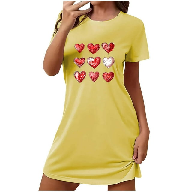 Chemise de Nuit pour Femme Robe de Nuit Manches Courtes Imprimée Chemise de Nuit Vêtements de Nuit Doux Chemises de Nuit Imprimé Saint-Valentin Chemises de Nuit Doux Robe de Nuit Classique Tee Chemise de Nuit Jaune G