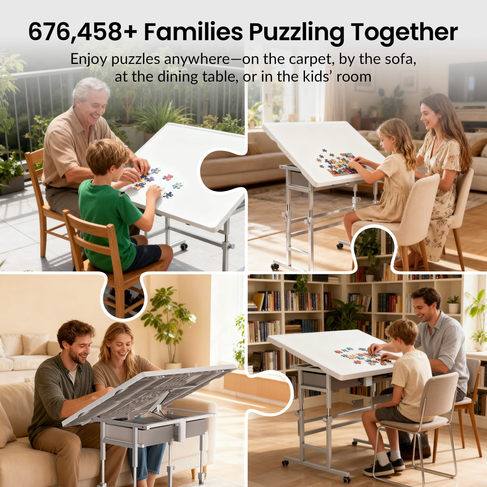 1500 Piece Light-Weight Adjustable Tilting Plastic Jigsaw Puzzle Table for Adults, 35"x26" Multi-Functional Puzzle Board with 4 Drawers & Protective Cover, 45-Degree Any-Angle Tilt