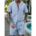 thumbnail image 5 of Men'S Camp Collar Jacquard Button Up Shirt and Drawstring Shorts Two Piece Outfit Light Blue L, 5 of 9