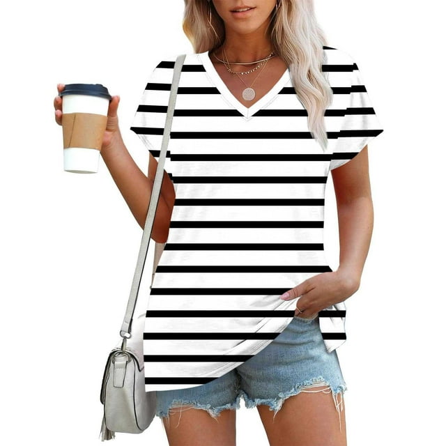 FcBaudy Hauts pour Femmes, Blouses & Chemises à Manches Courtes Col en V Mode Décontractée Confortable Imprimé T-Shirt à Manches Courtes Col en V Blouse Femme Blouse en Polyester