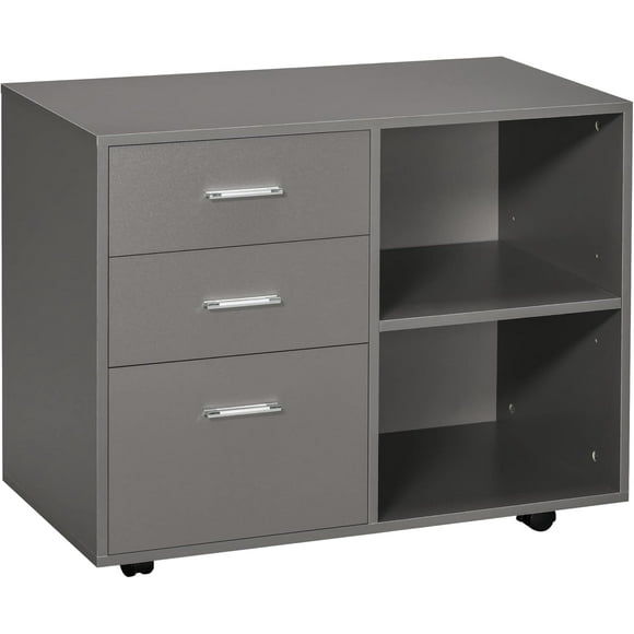 Modern Lateral Filing Cabinet, 3 Drawer File Cabinet for Letter and A4 Size Documents, Mobile, Printer Stand with Open Shelves, Rolling Wheels, Grey