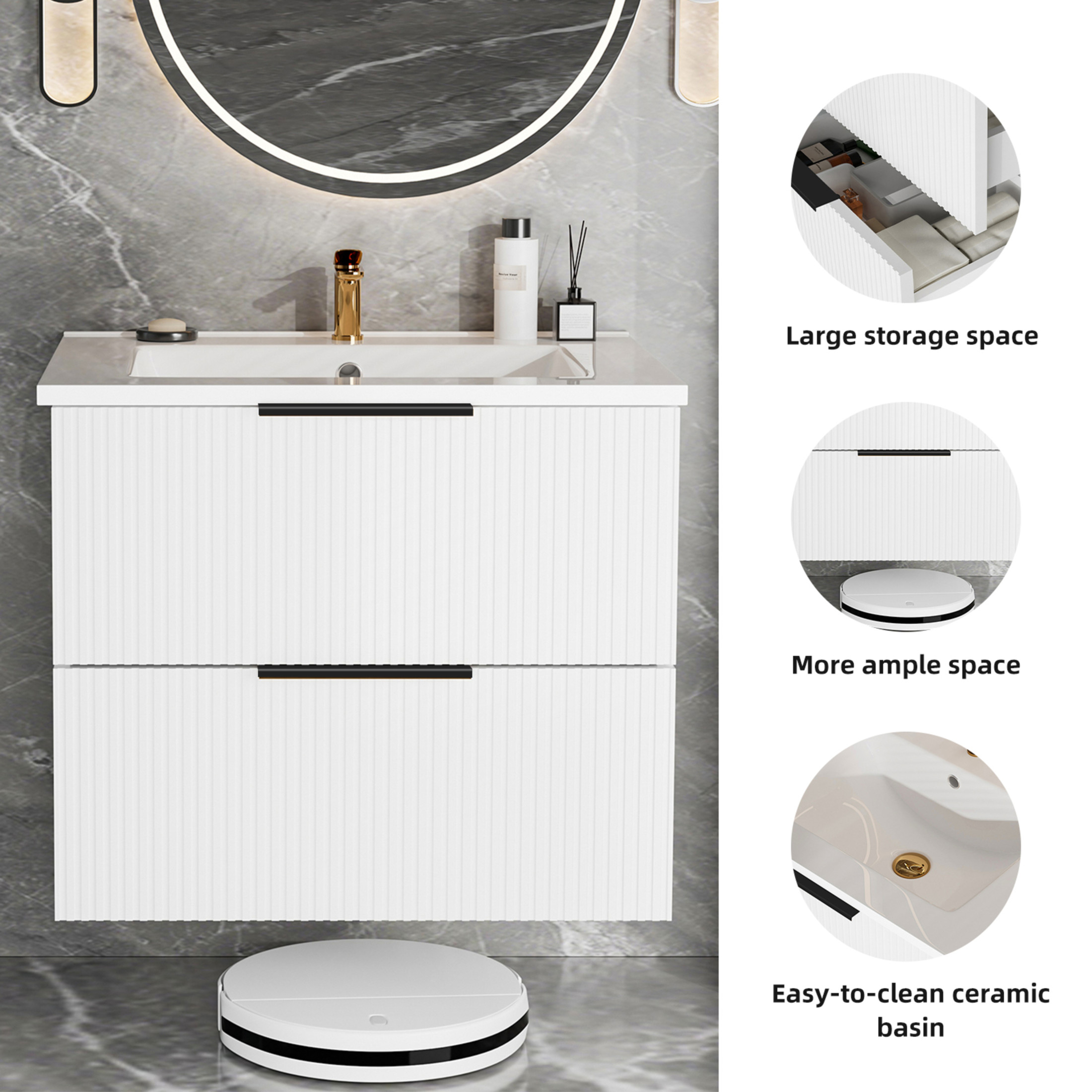 Noble House 24" Wall Mounted Floating Bathroom Vanity with Sink, 2 Drawers, Modern Cabinet, Matte White