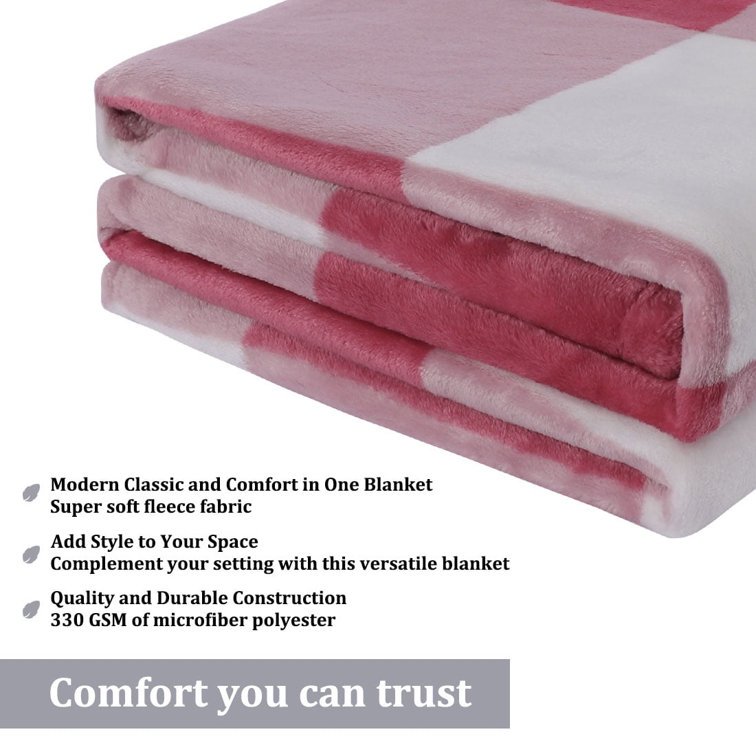 Unique Bargains Plush Buffalo Reversible Plaid Flannel Fleece Blanket, Twin, Blush+White
