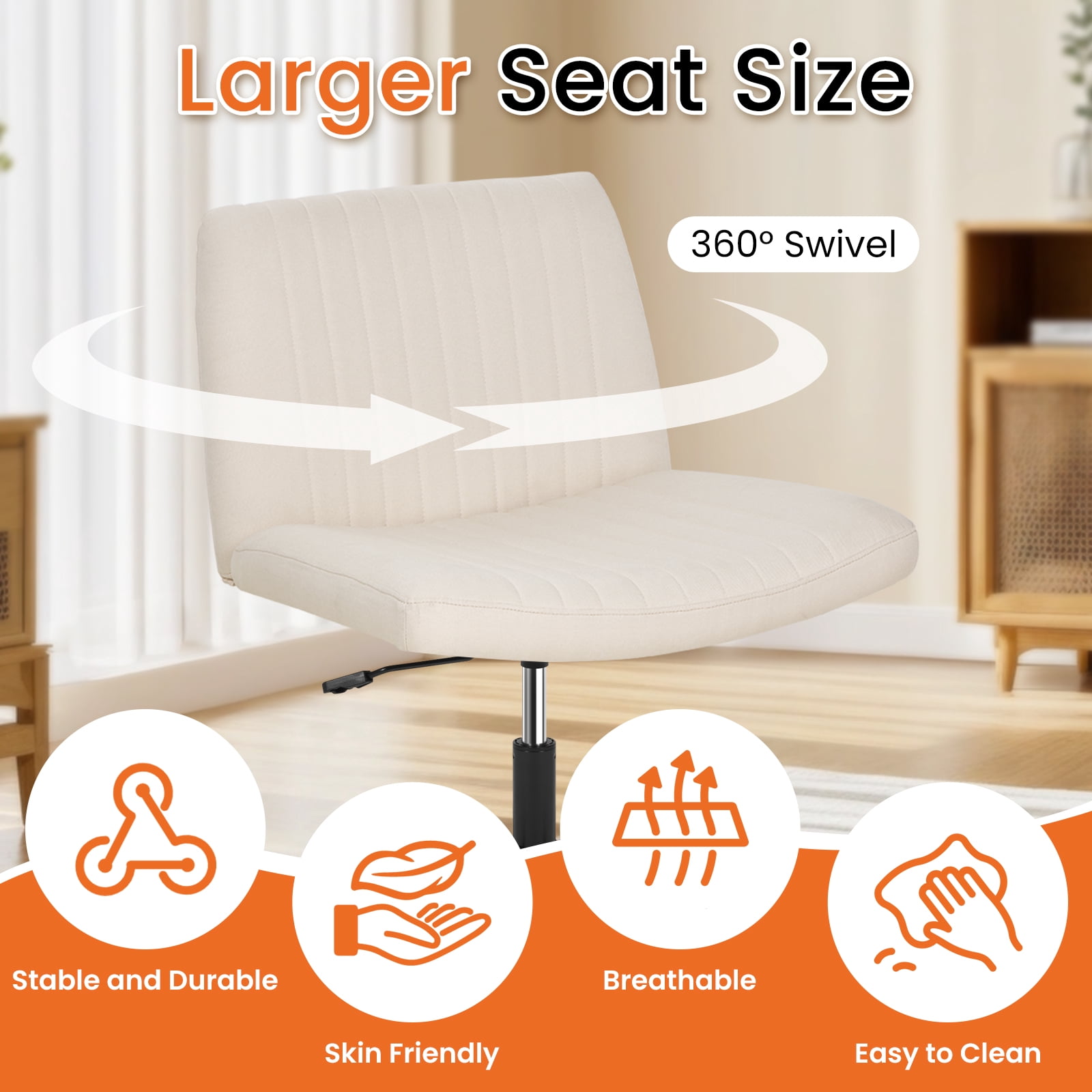 Dkelincs Criss Cross Chair Adjustable Wide Computer Desk Chair Armless Vanity Chair Modern Task Chair No Wheels, Beige