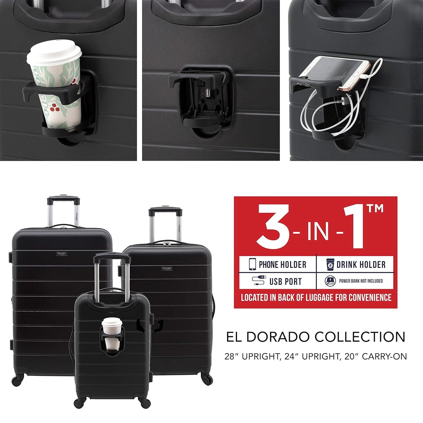 Wrangler Smart Luggage Set with Cup Holder and USB Port, Black, 3 Piece Set