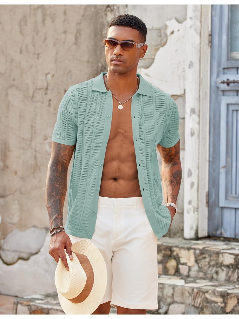 beach wedding dress shirts COOFANDY Mens Knitted Polo Shirt Summer Button Up Short Sleeve Casual Crochet Shirt Big and Tall Shirts Attire feed-cl4-autumn