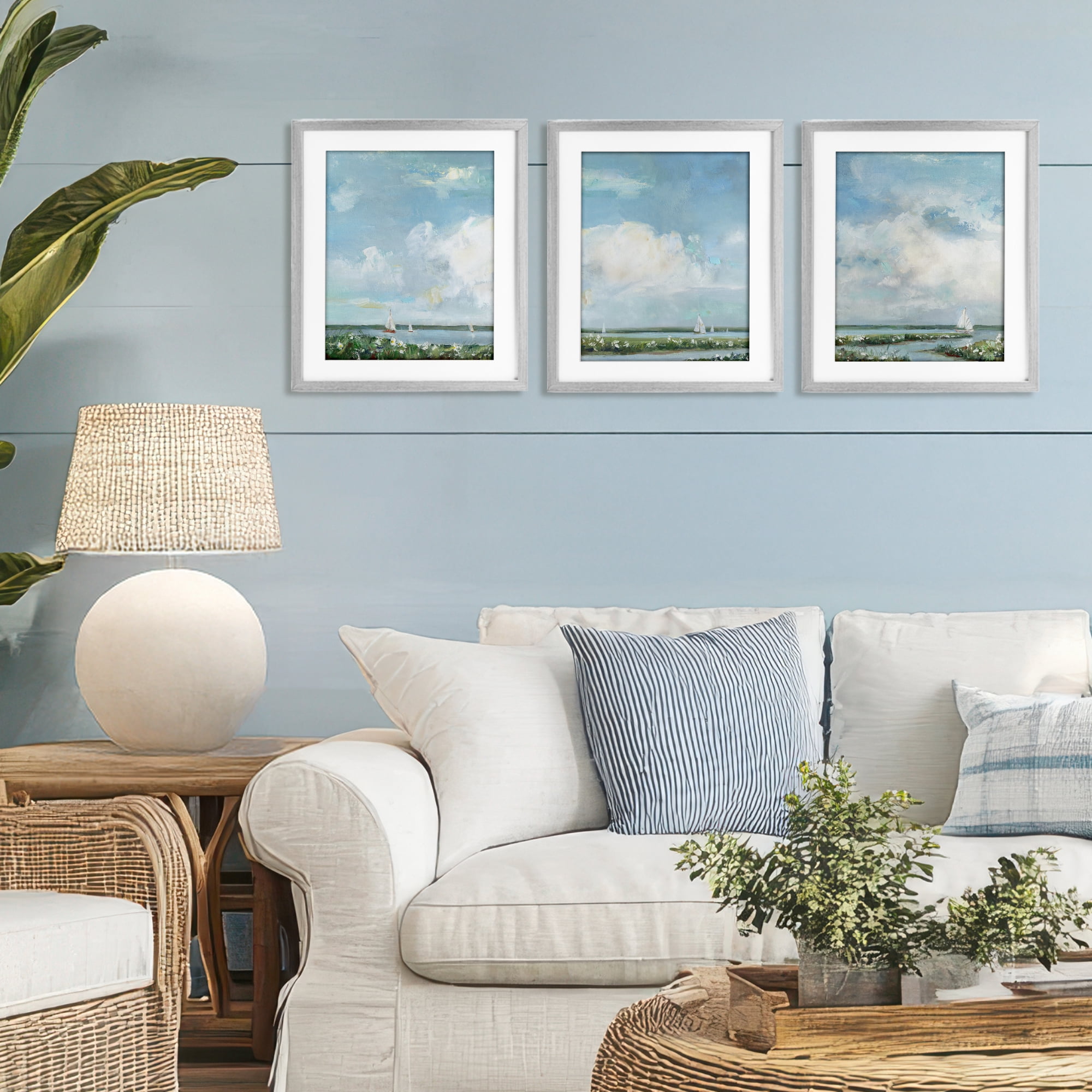 Stupell Industries Daisies Along Calm Coastline 3 Piece Gray Framed Print Under Glass Set, design by Sally Swatland