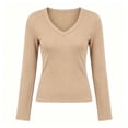 thumbnail image 5 of VBVC Women's V Neck Ribbed Slim Fit Long Sleeve Top , Ladies' Stretchy Basic Layering Tee , Soft Casual Daily Shirts For Women,Khaki,S-2XL, 5 of 7