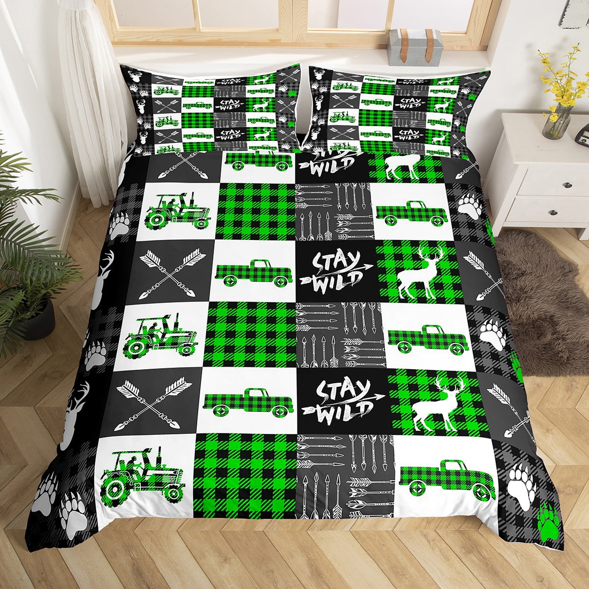 Hunting Deer Duvet Cover, Green Grid Tractor Bedding Set Twin Size For Kids Boys Teens, Rustic