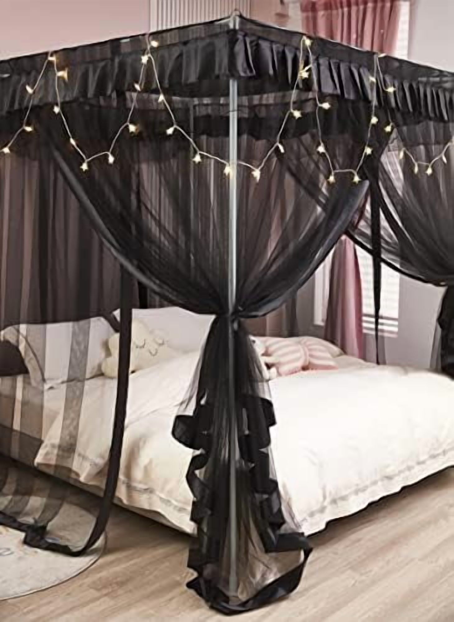 Simple 4 Corners Post Canopy Bed Curtains Bed Drapes (Twin XL, Black)