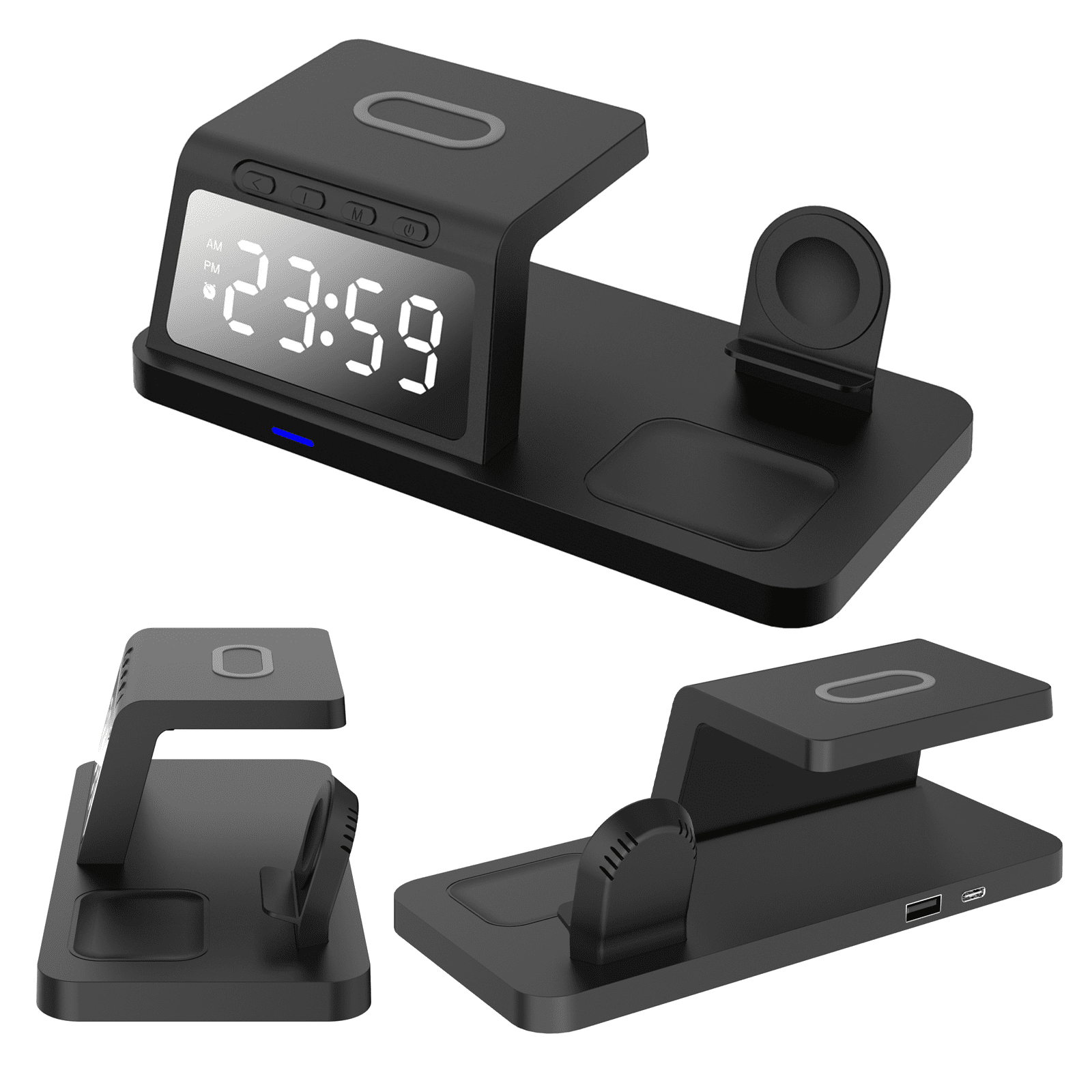 15W 4-in-1 Wireless Charging Station with Alarm Clock & Night Light – Fast Charger for iPhone, Apple Watch, AirPods & Android – White