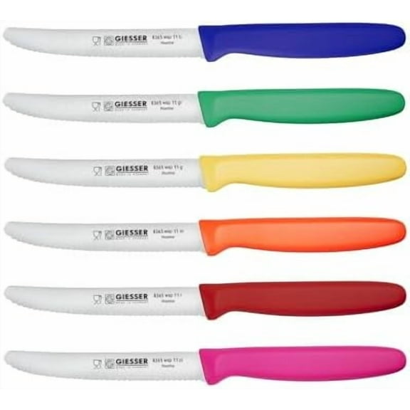 Giesser since 1776, Made in Germany, Colorful serrated Utility kitchen knives round tip dishwasher safe 4.5 inch - paring knife, Tomato knife, Steak knives set of 6, restaurant knife