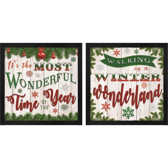 Great Art Now Most Wonderful Time & Winter Wonderland by Bluebird Barn, 2 Piece Framed Art Set Each 13"W x 13"H
