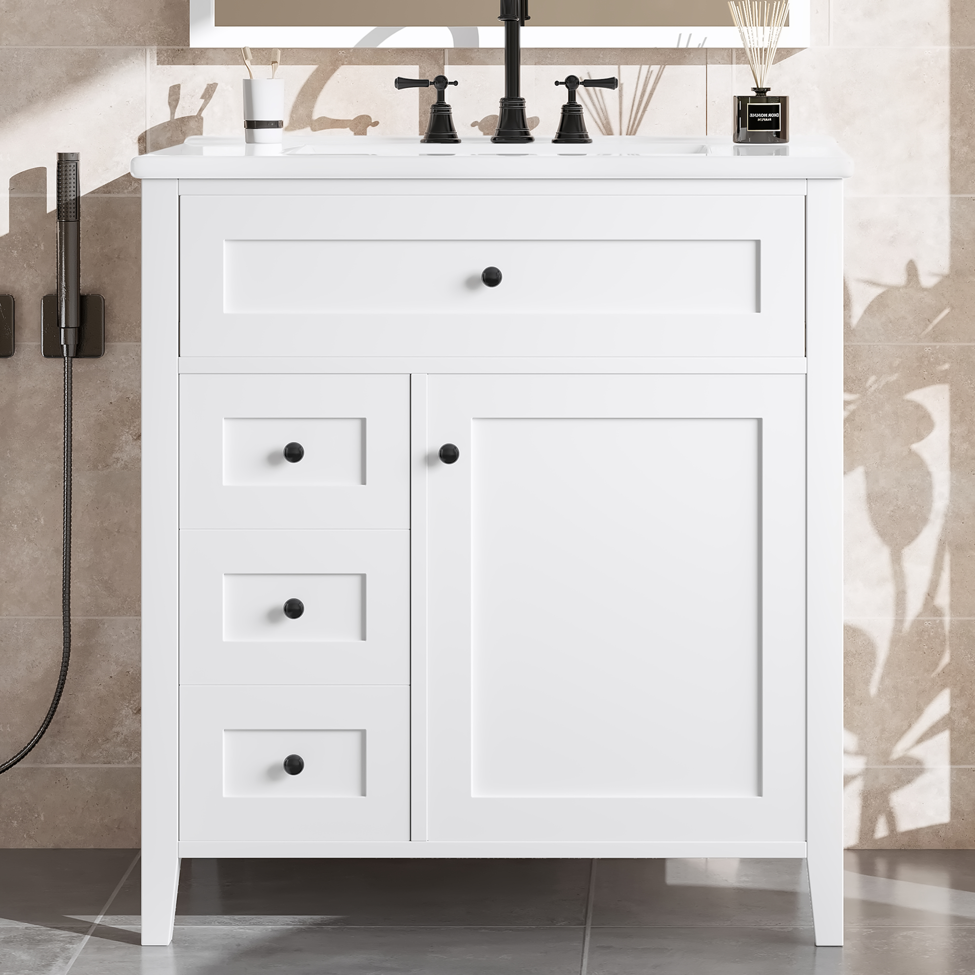 Euroco 30-Inch White Bathroom Vanity with Sink, Modern MDF and Rubberwood Cabinet with 3 Drawers and Adjustable Shelf, Freestanding Vanity for Bathroom Storage and Organization