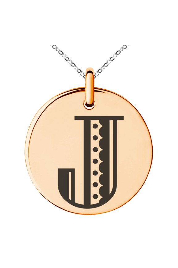 Stainless Steel Letter J Initial Metro Retro Monogram Engraved Small Medallion Circle Charm Pendant Necklace
