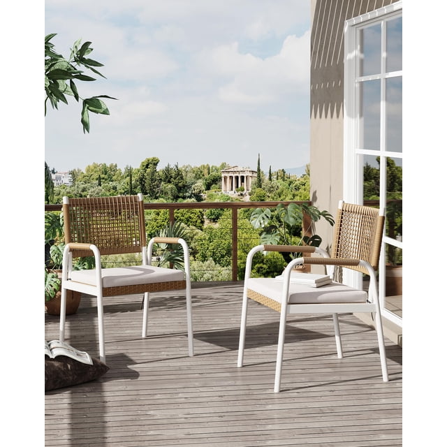 Set of 2 Outdoor Patio Chairs – All-Weather Wicker Rattan, Cushioned Armchairs, Sturdy Metal Frame, Comfortable Garden & Lawn Seating, Ideal for Porch or Poolside – White Powder & Brown Rattan