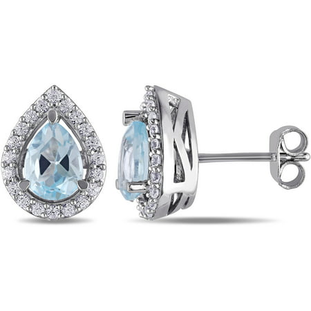 Tangelo 2-1/5 Carat T.G.W. Sky Blue Topaz and Created White Sapphire Sterling Silver Halo Stud Earrings