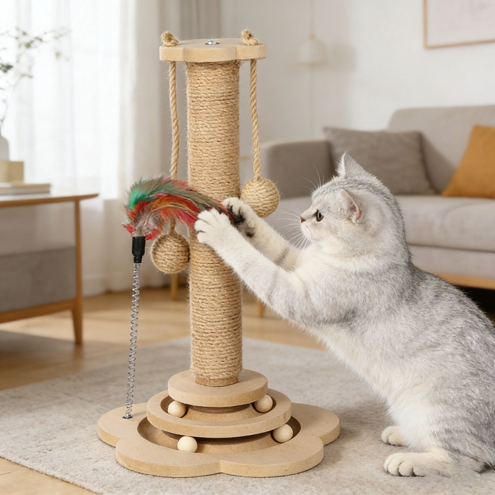 Natural Sisal Cat Scratching Post Sturdy For Indoor Cats With Interactive Play Platform And Toys Easy Assembly Space Saving Cat Play Post(Khaki-40X30Cm)