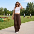 thumbnail image 4 of Vxararl Womens Wide Leg Flowy Palazzo Pants High Waisted Flowy Lounge Trousers with Drawstring Fashion Beach Travel Vacation Fall Clothes Palazzo Pants for Women Brown S, 4 of 7