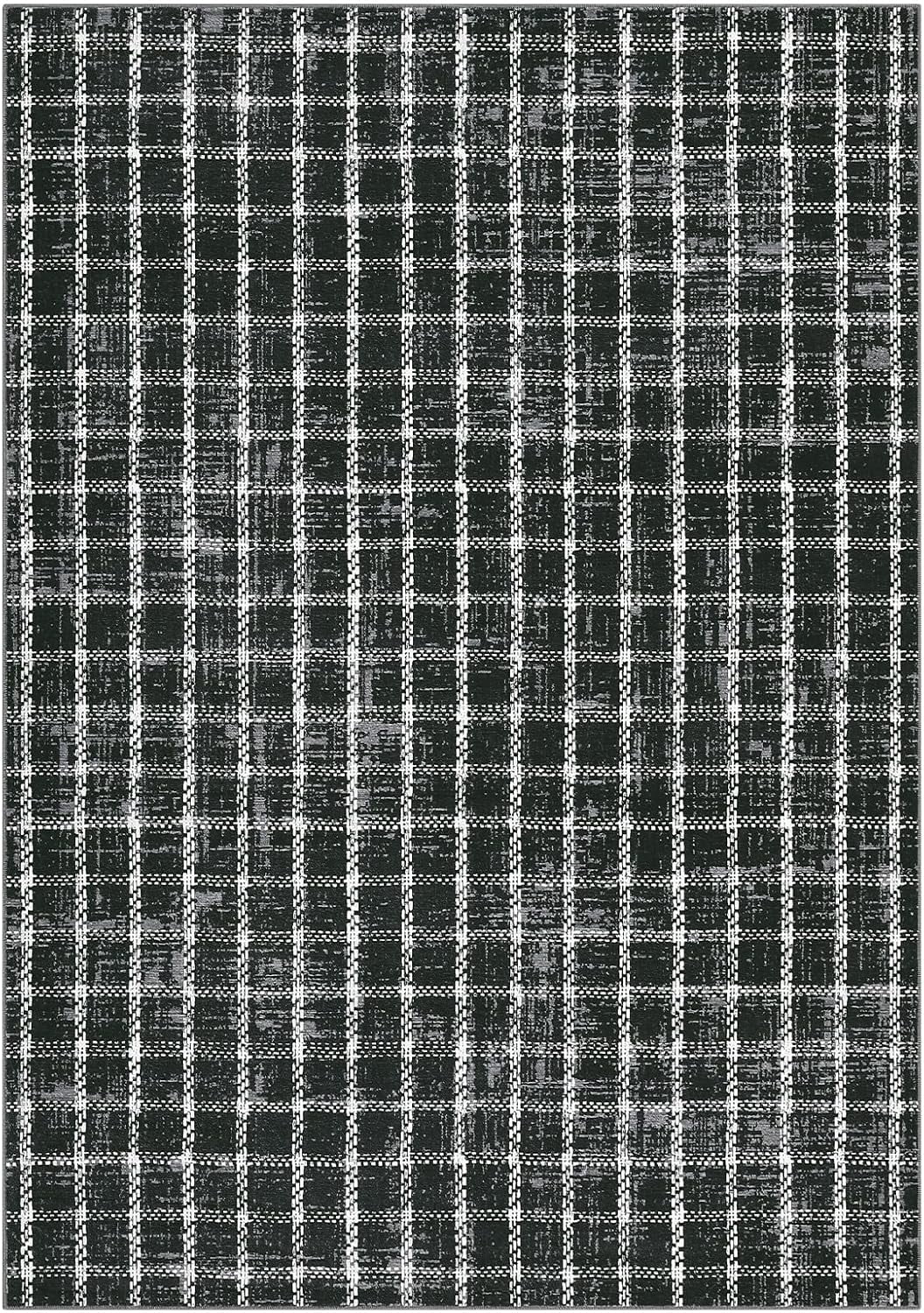 Twister.CK 3' x 5' Plaid Area Rugs, Modern Washable Stain-Resistant Carpet, Non Slip Indoor Rug for Living Room Dining Room Office, Black