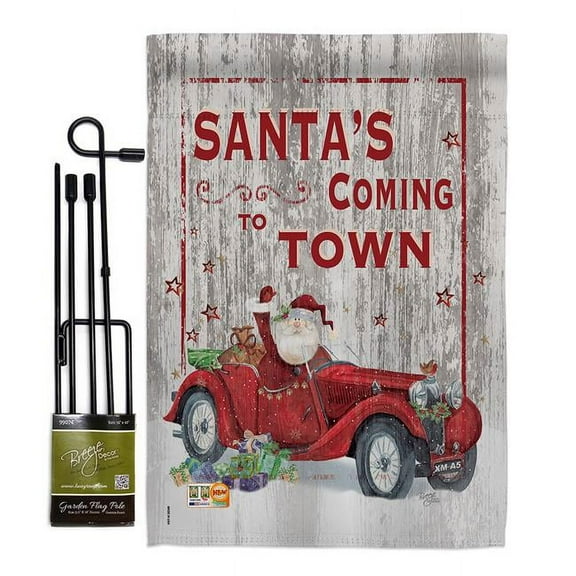 Breeze Decor BD-XM-GS-114190-IP-BO-D-US18-SB 13 x 18.5 in. Santas Coming to Town Winter Christmas Impressions Decorative Vertical Double Sided Garden Flag Set with Banner Pole