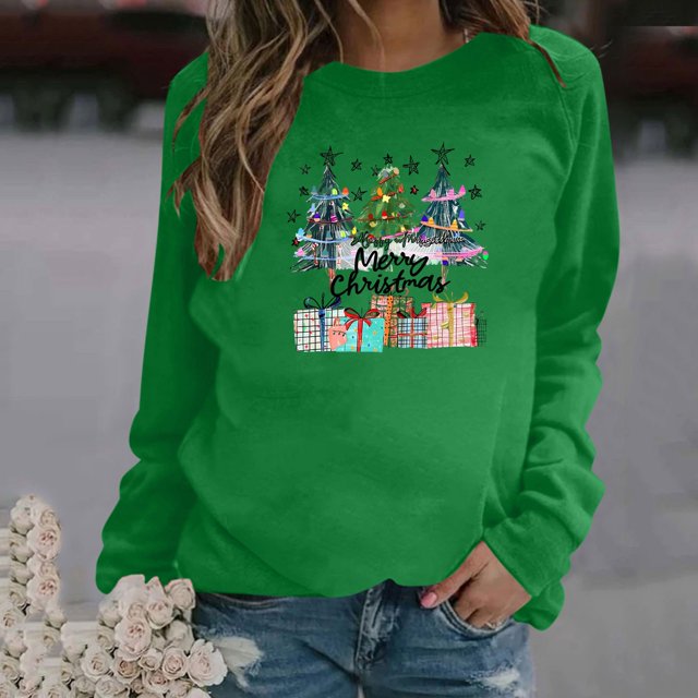 Jienlioq Hauts de Sortie pour Femmes Mode de Noël Décontractée Imprimé Col Rond Ample Manches Longues Sans Capuche Offres Vendredi Fou