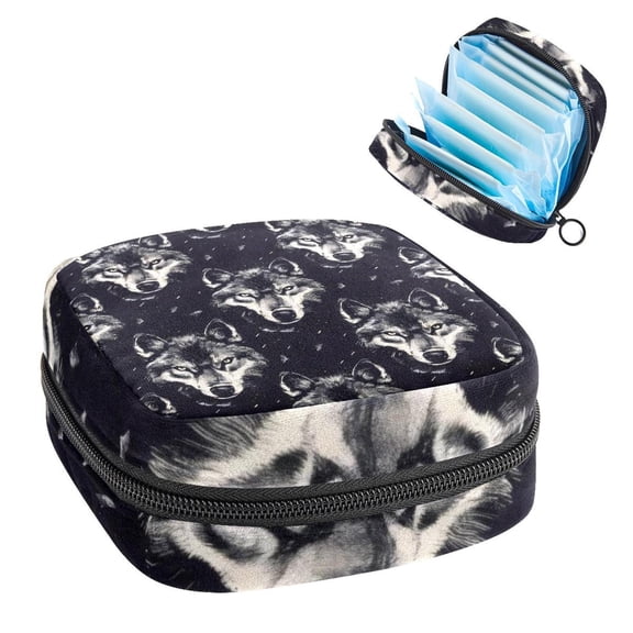 Sanitary Napkin Storage Bag for Girls Women, Portable First Period Pads Bag Tampons Holder Girls Travel Makeup Bag, Large Capacity Seamless Wolf Aesthetic Pattern