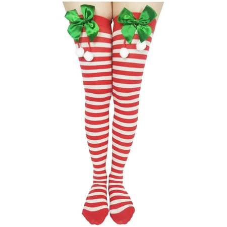 

Babysbule Socks for Women Clearance Women Christmas Long Tube Knee Socks Striped Garter Bow Hair Ball Christmas Party