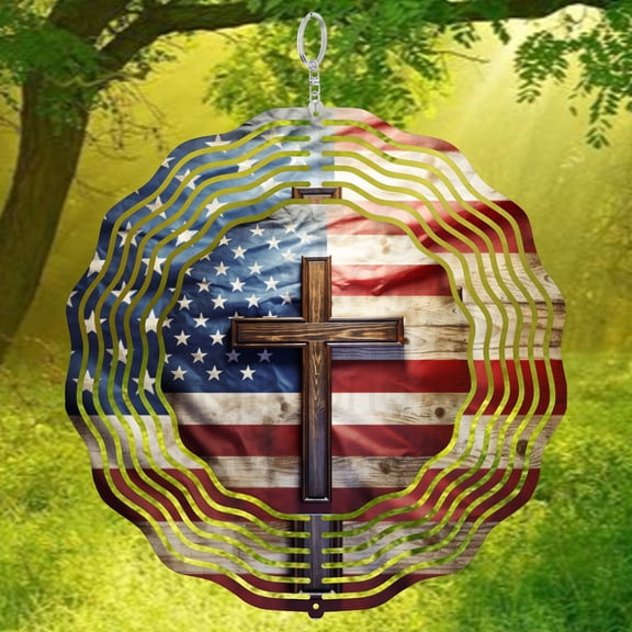 American Flag And Wooden Cross 3D Wind Spinner Stainless Steel Kinetic Yard Decor