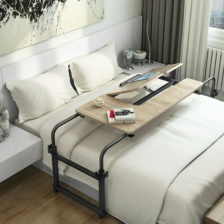 Hon Company Oak Desk - Overbed Table with Wheels, Tribesigns Multi-Function Height & Length Adjustable Mobile Table with Tiltable Stand Board, Works as Computer Desk, Writing Desk or Drafting Table (Oak Finish)
