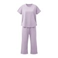 thumbnail image 4 of Zynoxe Womens Solid Color Lounge Sets Casual Crew Neck Short Sleeve Tops and Drawstring Capri Pants Tracksuit Sets Breathable Soft Two Piece Outfits, 4 of 7
