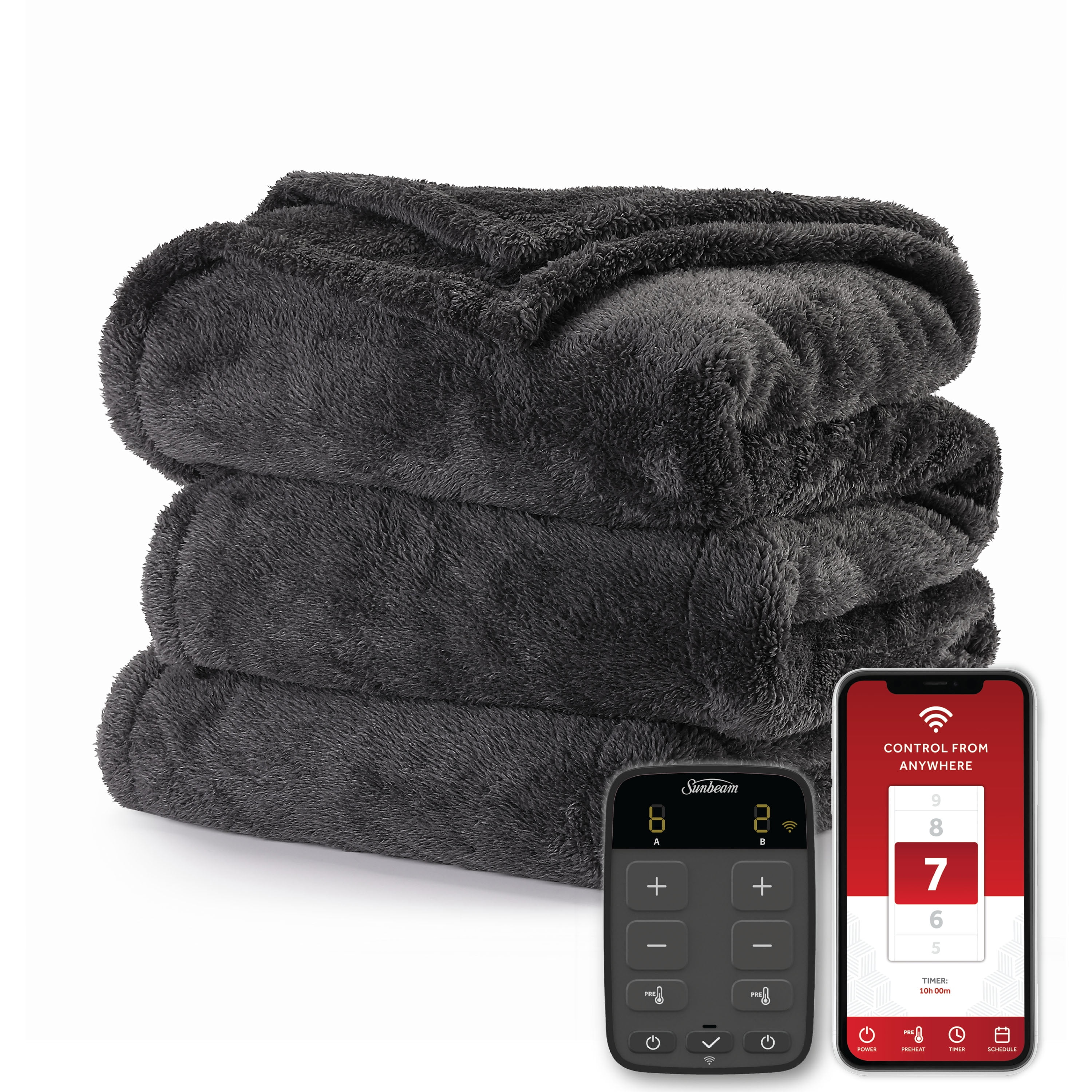 Sunbeam Connected WiFi Heated Blanket, WiFi Electric Blanket, Lofttec, Slate Grey, Queen