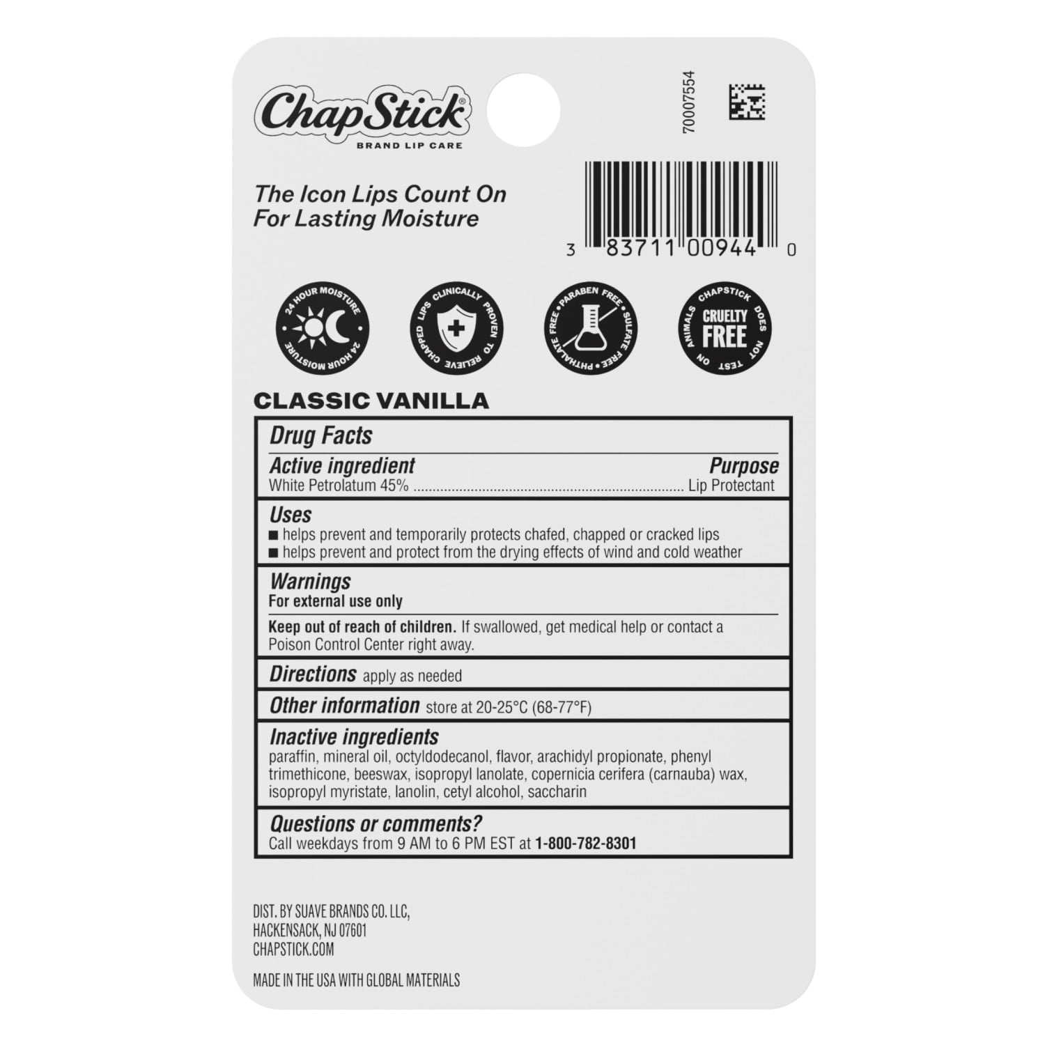 ChapStick Classic Vanilla Lip Protectant, Sulfate-Free, Paraben-Free, 3ct/0.45oz