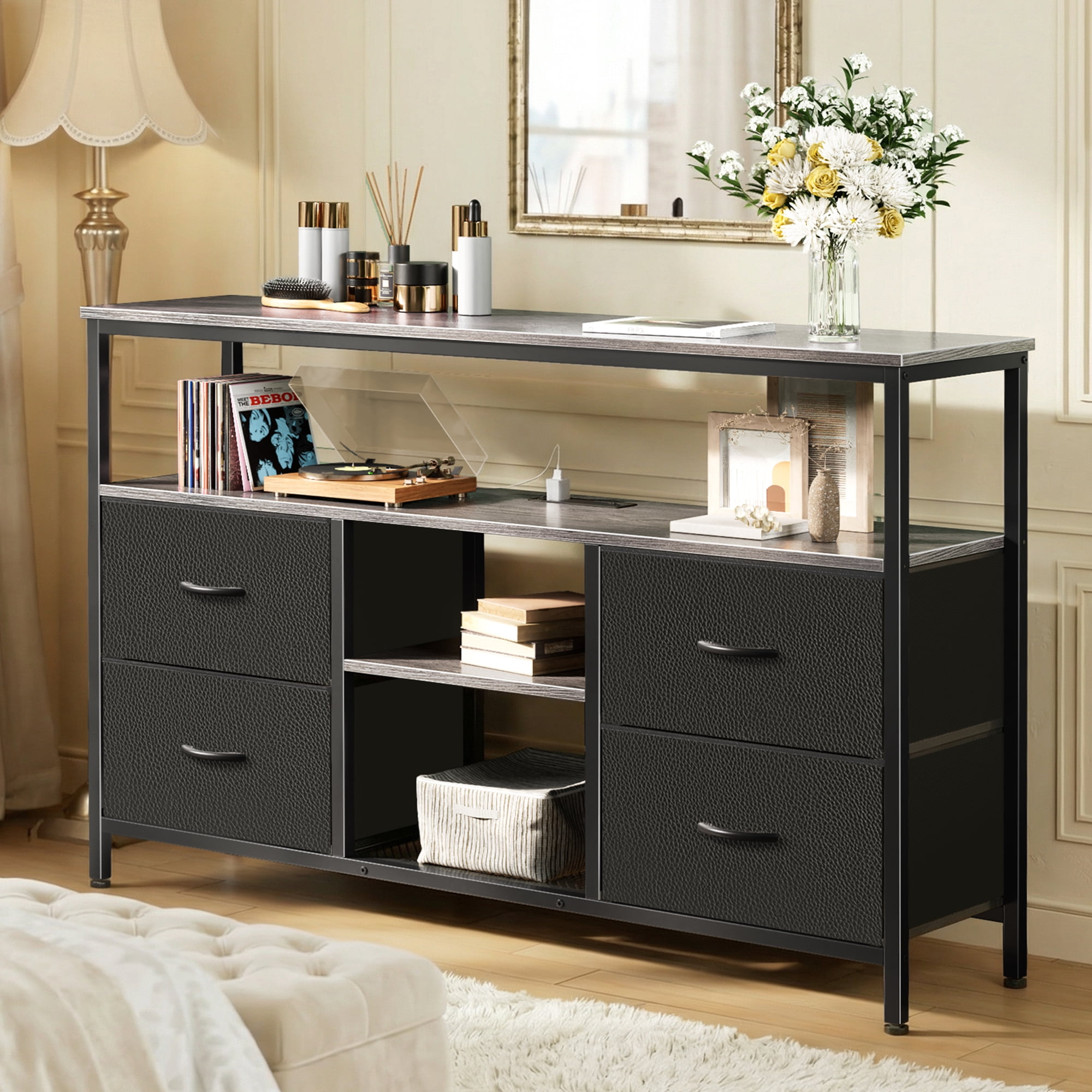 Amadwell TV Stand with Power Outlets & LED Lights, 4 Drawer Dresser Entertainment Center, Media Console with Open Shelf