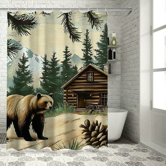 Patifu Bear Pine Trees Cabin Home Bathroom Shower Curtain 100% Polyester Washable with Hooks 36"x72