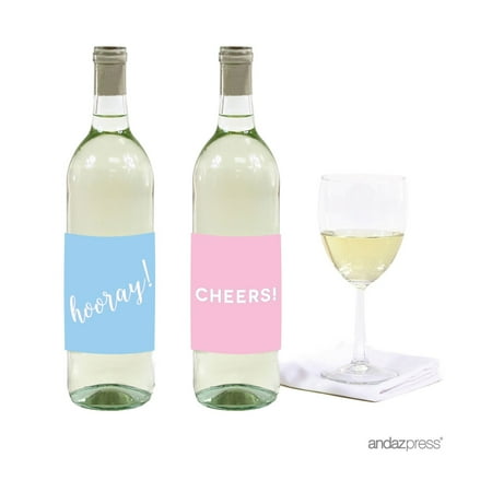 - Signature Pink and Blue Gender Reveal Baby Shower, Wine or Apple Cider Bottle Labels Stickers, Cheers! Hooray!, 8-Pack