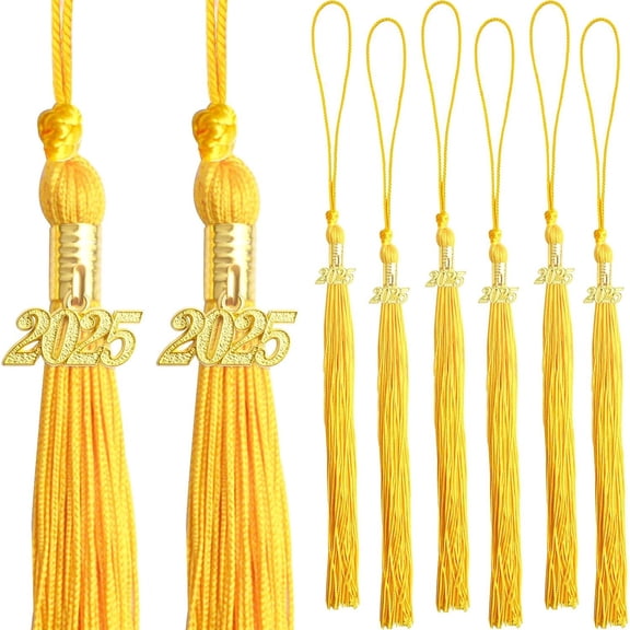 10pcs Golden 2025 Year Charm Pendants with 10pcs Yellow Graduation Tassels Grad Cap Decors for 2025 Graduates Graduation Hats Ceremonies Parties Decorations Souvenirs