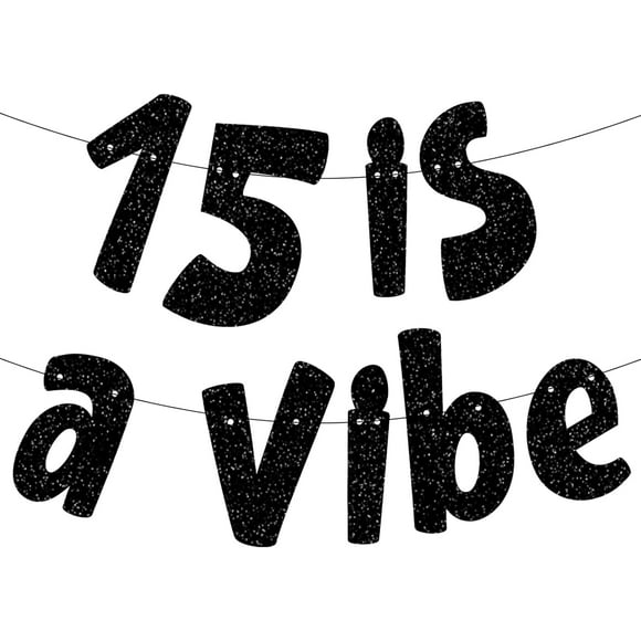 15 is a Vibe Banner, Pre-Strung Glitter Black 15th Birthday Banner, Funny 15th Birthday Decorations for Boys Girls Teens 15 Years Old, Happy 15th Birthday Party Supplies Gifts Ideas