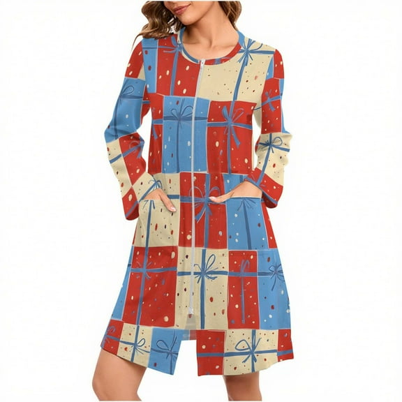 Women Zipper Robes Long Sleeve Loungewear Lightweight Housecoat Soft Nightgown for Christmas