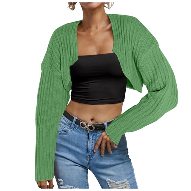 Women's Long Sleeve Open Front Ribbed Knit Crop Cardigan Polyester for Casual Outings