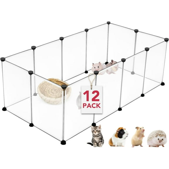 Youngshion 12 Panels Transparent Small Animals Playpen 56" x 28" x 14" Portable Pet Playpen Plastic Enclosure Puppy Play Pen Indoors Outdoor Pet Fence for Guinea Pigs Bunny= Ferrets Hamsters Hedgehogs