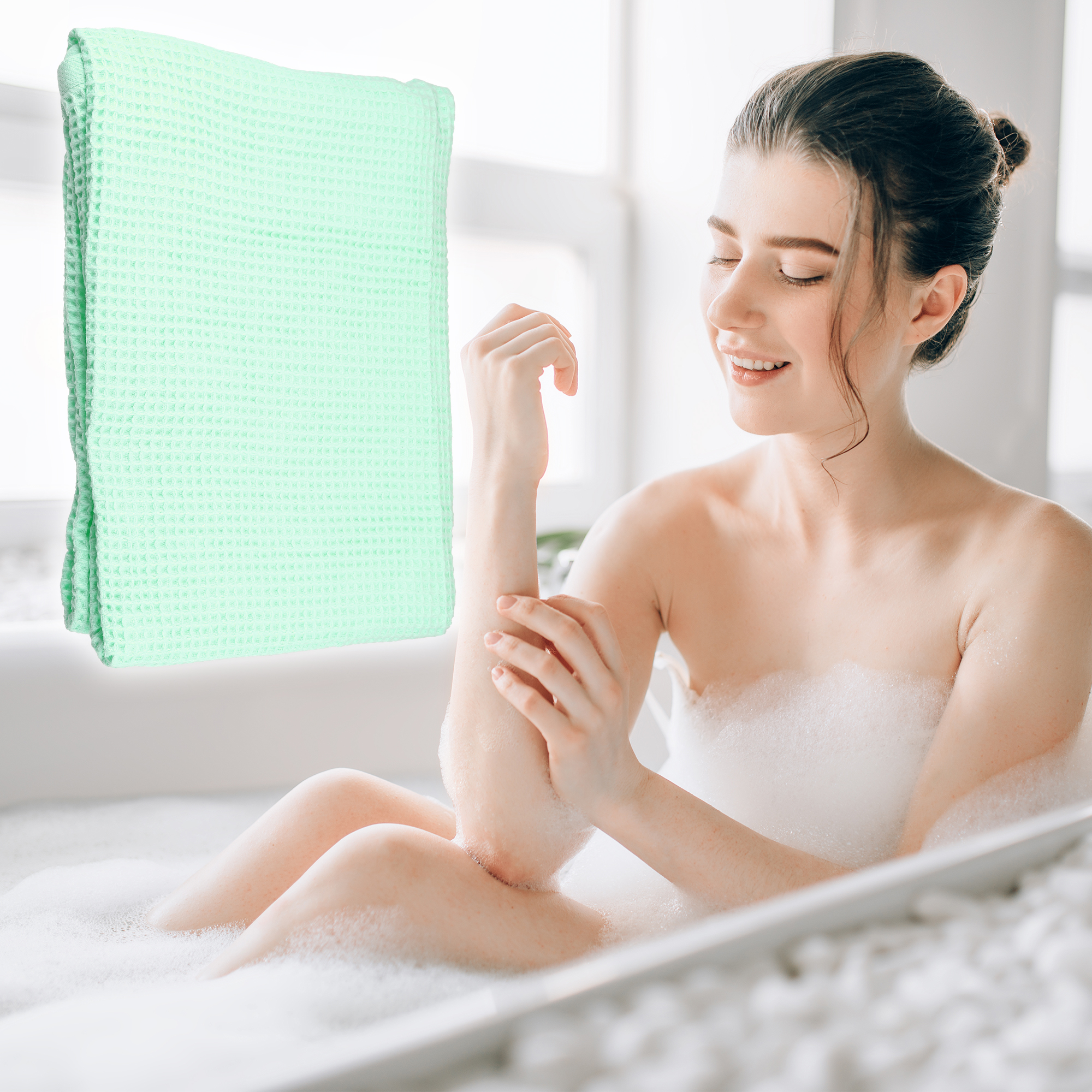 Unique Bargains 1Pc Waffle Weave Pattern Soft Absorbent Cotton Bath Towel Green 55.12''x27.56'' for Bathroom Shower