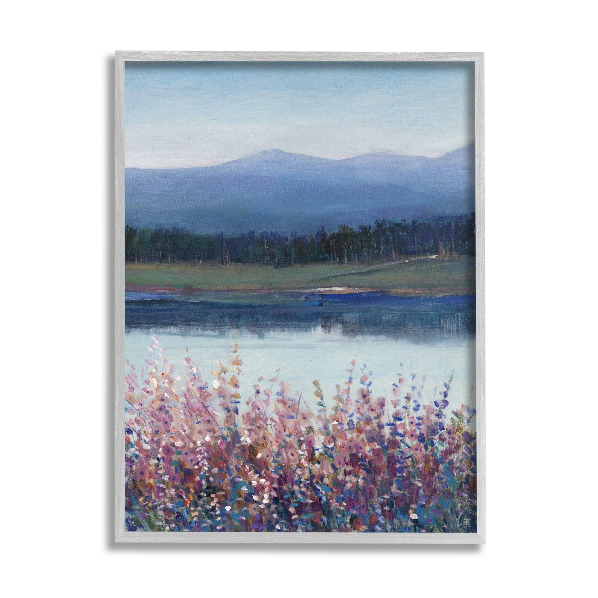 Stupell Industries Lilacs By Lake Mountain Landscape Coastal Painting Gray Framed Art Print Wall Art