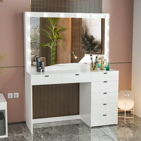 Boahaus Diana Modern Vanity Table, Light Bulbs, White Finish, Ideal for Bedroom