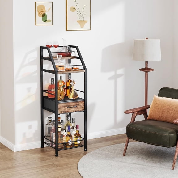 Wine Rack Freestanding Floor - 4-Tier Stepped Liquor Cabinet Bar Stand for Home with Fabric Drawer, Wine & Glass Organizer for Living Room, Kitchen, or Dining Room