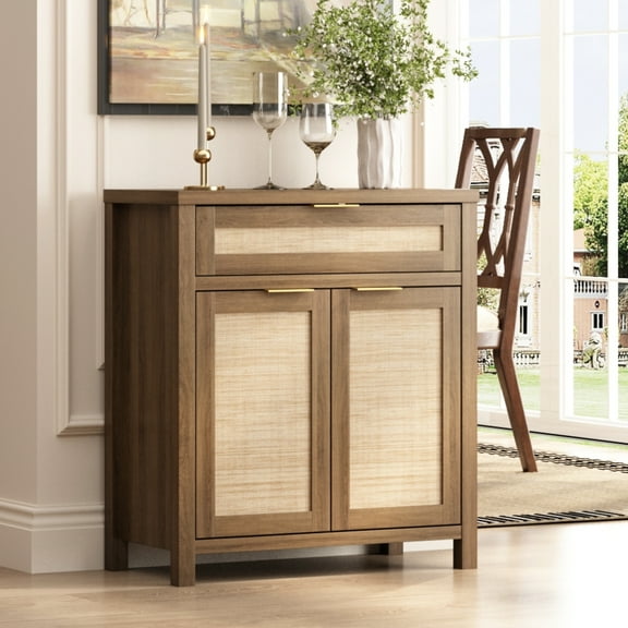 PieDle Farmhouse 30" Sideboards Buffets Cabinets with Drawer, Boho Rattan Kitchen Storage Cabinets with Adjustable Shelves