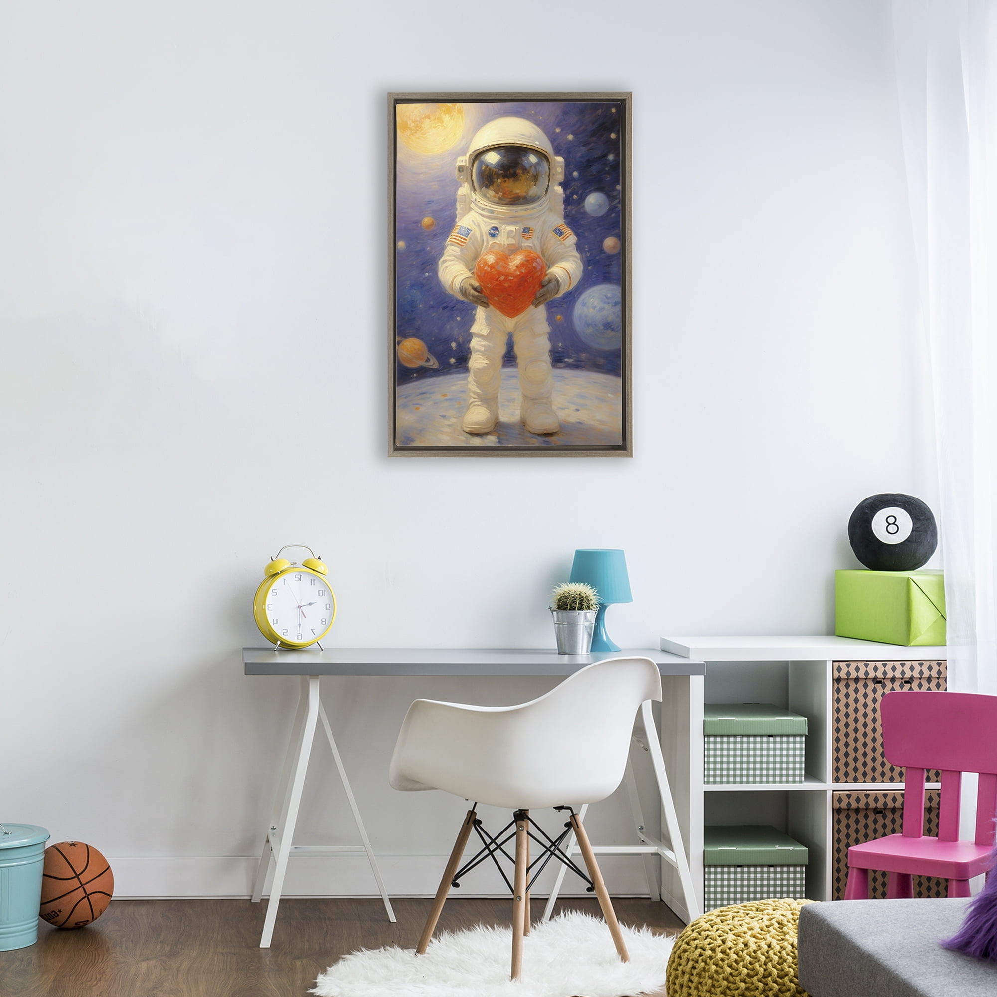 Astronaut Holding Heart Brown Framed Floater Canvas Wall Art, design by Angie Hawke