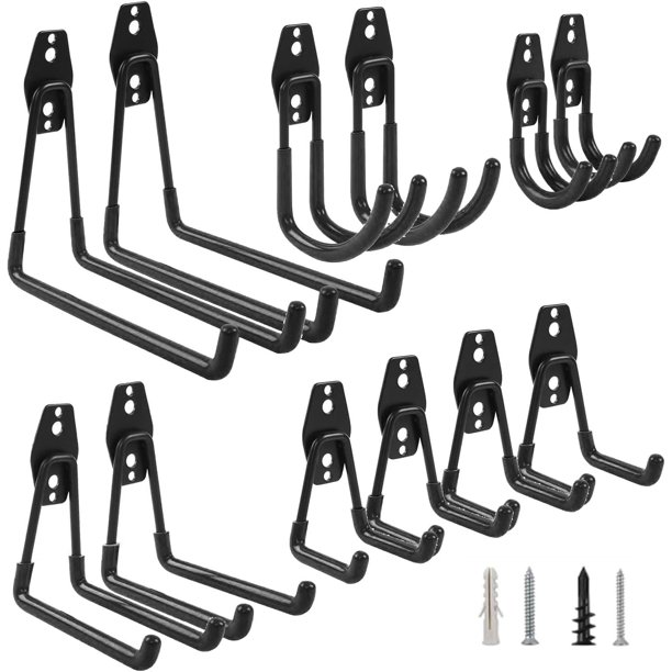 Ganchos para Pared, 12 Piezas Ganchos de Garaje, Soporte para Bicicleta Pared, Kit Organizador de Garaje con Tornillos, Ganchos de Almacenamiento para Garage de Resistentes, para Herramientas