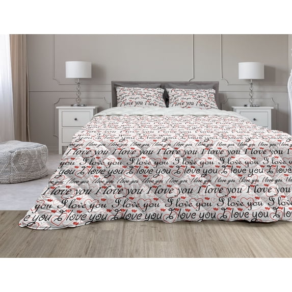I Love You Comforter & Sham Bedding Set, Beauty of Love Style Typography Birthday Forever Never Let Me Go Print, 3 pcs Duvet Set Microfiber Filling Quilt, 5 Sizes, Red Black White, by Ambesonne